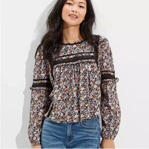 American Eagle Black Floral Peasant Boho Lace Babydoll Open Back Blouse Size XS
